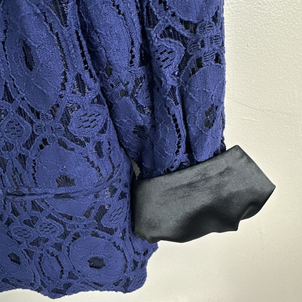 Chicos Women's Blue Lace Open Front Jacket Size 2 Lined‎ Cotton Blend Blazer - Picture 4 of 11